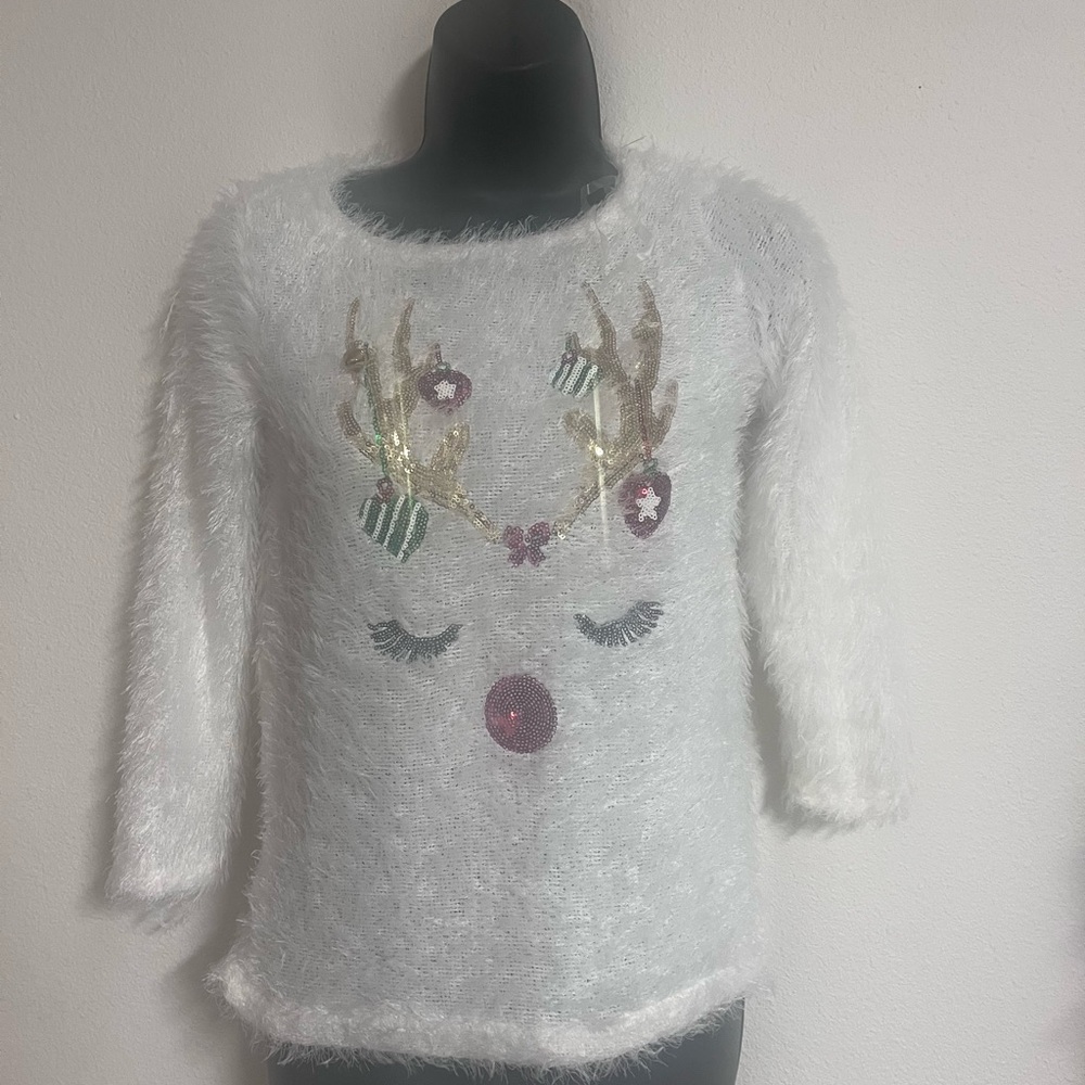 White Fuzzy Sweater with Reindeer Design